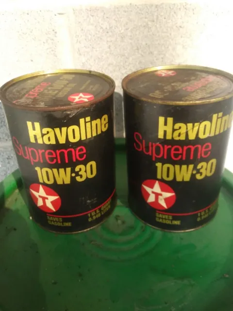 Vintage 2 Full Texaco Havoline Supreme SAE10W-30 Motor Oil 1 qt Paper Black Can