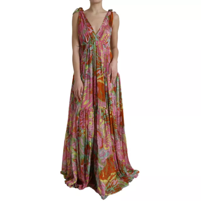 DOLCE & GABBANA Dress Multicolor Floral Silk V-neck Chiffon IT40/US6/S 5930usd