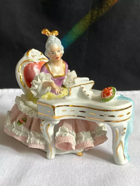 Dresden Lace Porcelain Figurine Lady Seated At A Piano