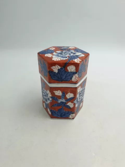 Vtg Chinese Porcelain Hexagonal Lidded Jar Pot Caddy Hand Painted Imari Floral