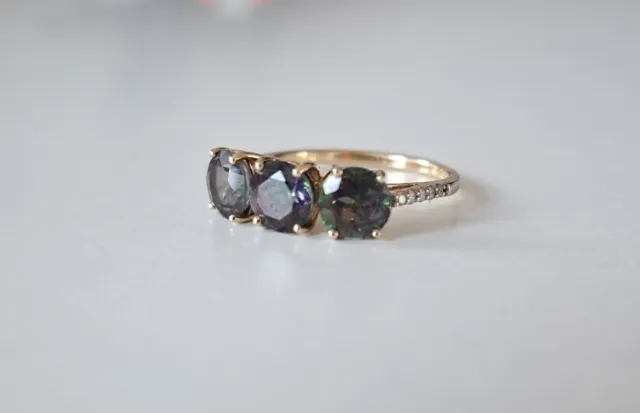 GS 9 Carat Gold Ring With Moissanite Diamonds & 3 Large Mystic Caribbean Topaz