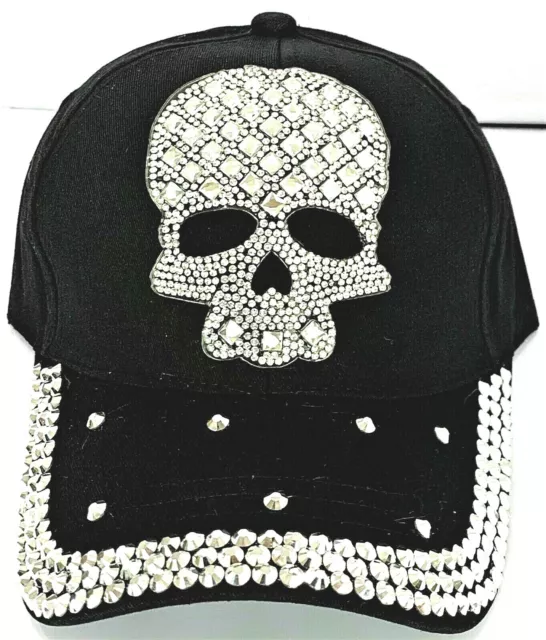 Women's Skull Rhinestone & Black Denim Bling Baseball Cap Adjustable Fashion Hat