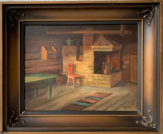 Pintura Al Óleo Antiguo Salón de Casa Campo Con Fuego Y Muebles Ilegible Firmado