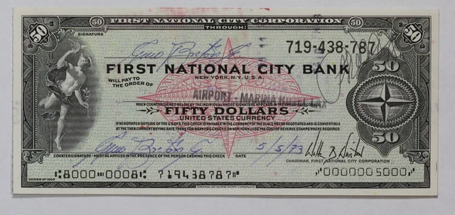 1973 First National City Bank $50 Travelers Check 3Q51