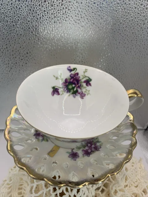 Vintage Lefton china tea cup & saucer, hand painted violets,  gold gilt details