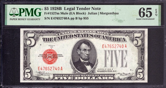 1928 B $5 LEGAL TENDER RED SEAL NOTE EA BLOCK FR.1527m MULE PMG GEM UNC 65 EPQ