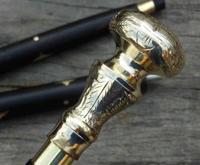 Vintage Designer Brass Head Handle Antique Victorian Cane Wooden Walking Stick