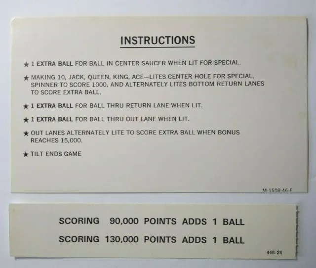 Hi Deal Pinball Machine Score Card Instructions 1975 NOS Original AAB Game
