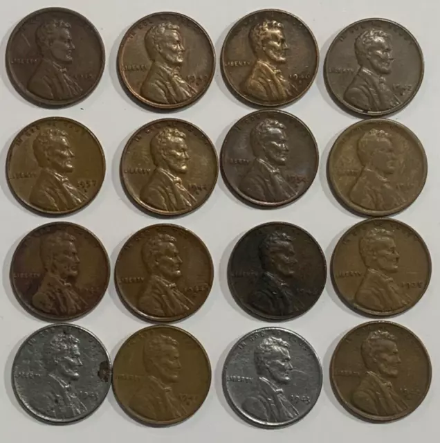 16 United States 1 Cent "Lincoln - Wheat Ears Reverse" Coins - incl 2 Steel
