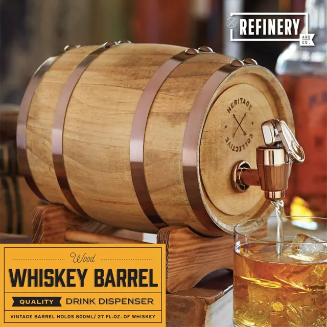 Refinery Wooden Whiskey Barrel Decanter Beer Wine Drinking Dispenser Party Bar