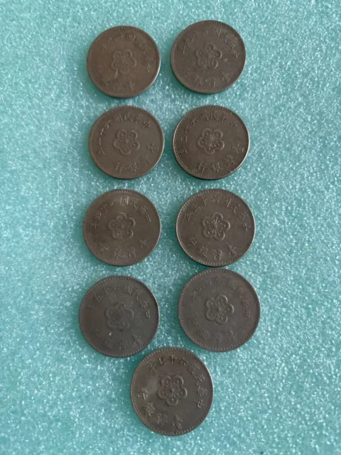 9 Republic Of China One Dollar Coins~Year Roc 49,59,61,62,63,64,65,66,67.