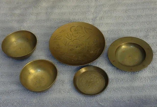 Vintage Lot Of 5 Made In India & China Ornate Etched Brass Offering Bowls/Plates