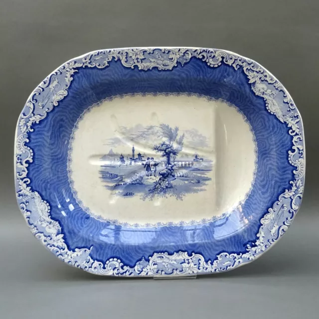 19thC Blue & White Meat Platter with Well ~ Damask Border ~ Llanelly Pottery