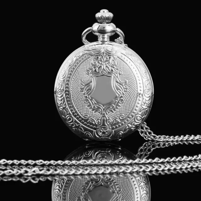 Vintage Antique Quartz Silver Pocket Watch Shield Figure Pendant Chain Men Gift