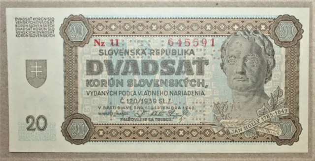 A6 - Slovakia 20 Korun ND (1942) Uncirculated Banknote P. 7 Jan Holly SPECIMEN
