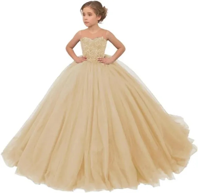 Tulle Flower Girl Dress for Wedding Beaded Sleeveless Applique Pageant Ball Gown