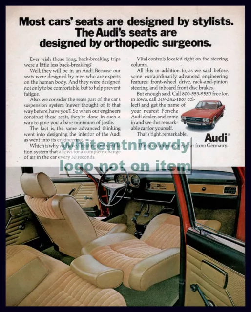 1970 AUDI Automobile AD Interior View w/Seats Designed by Orthopedic Surgeons