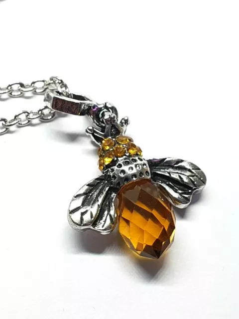 Amber Bee Pendant Bee Pendant Necklace Baltic Crystal Silver 18" Chain Boxed