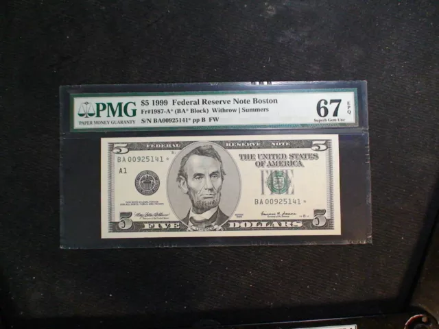 1999 BOSTON Five Dollar PMG SUPERB GEM UNC 67 EPQ Fed Reserve STAR NOTE $5 BILL!