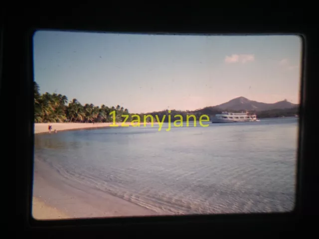 3S08 VINTAGE Photo 35mm Slide LARGE BOAT BLUE LAGOON SANDY BEACH CLEAR WATER