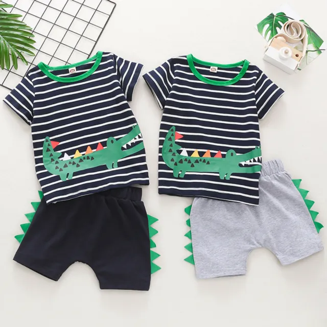 Kids Baby Boys Summer Outfits Striped Cartoon Dinosaur T-shirt Tops +Shorts Suit
