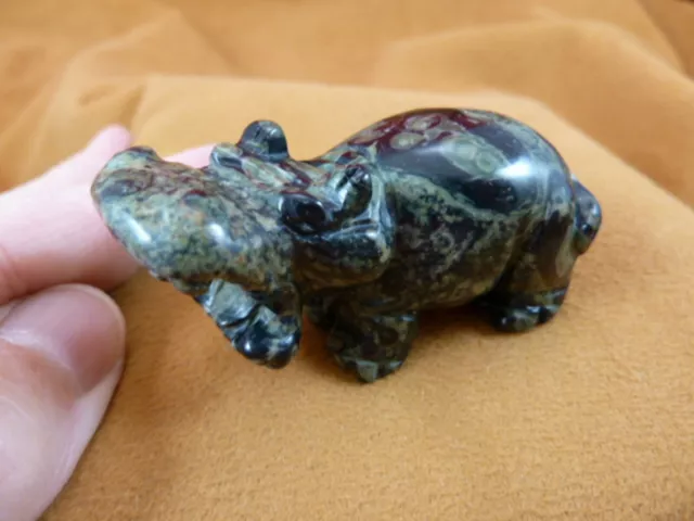 (Y-HIP-717) green black roaring HIPPO Hippopotamus Gemstone carving figurine gem