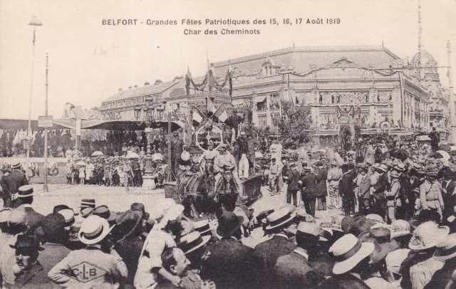 Carte postale ancienne BELFORT fête patriotique août 1919 char des cheminots