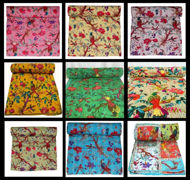 Indian Bird Print Kantha Handmade Queen 100%Cotton Quilt Bedspread Throw Blanket