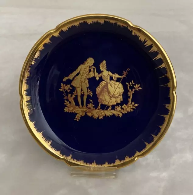 Vintage Limoges France Cobalt Blue Miniature Plate Gold Courting Couple Love Art