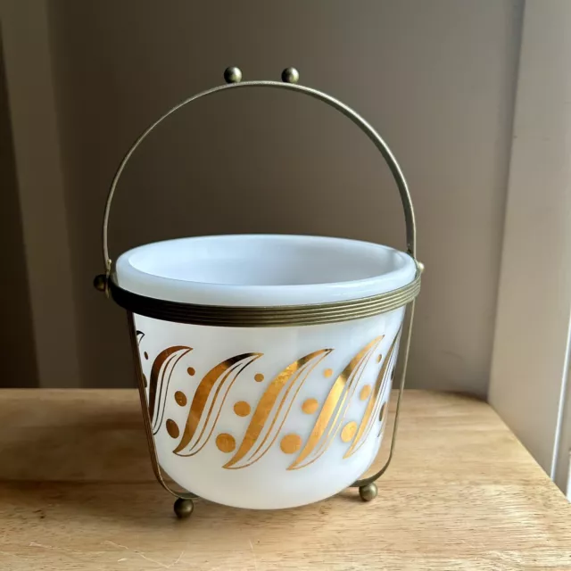 Vintage Retro MCM Milk Glass Ice Bucket Gold Trim with Metal Stand