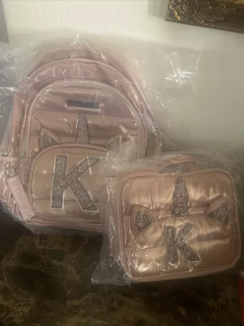 BRAND NEW Justice Unicorn Rose Gold Quilted Backpack Initial  K Lunch Box Set