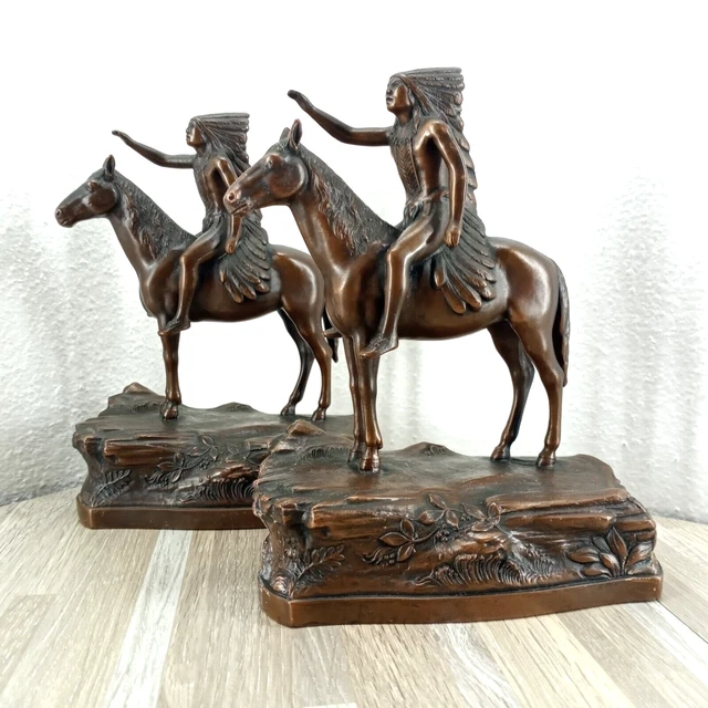 JB Jennings Brothers Bronze Indian Chief On Horse Book Shelf Bookends 7.5" Tall