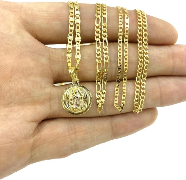 Virgen de Guadalupe Necklace Pendant Gold Filled Charm Diamond Cut Chains 18x15