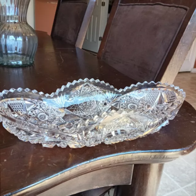 American Brilliant cut glass serving dish. 2.5"x 12"x 5.5" used V Good Vintage