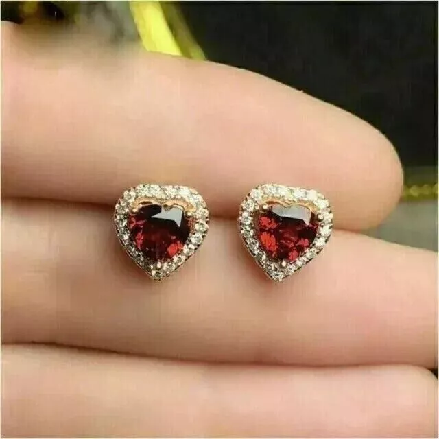 2Ct Heart Lab-Created Garnet Diamond Women Stud Earrings 14K Yellow Gold Finish