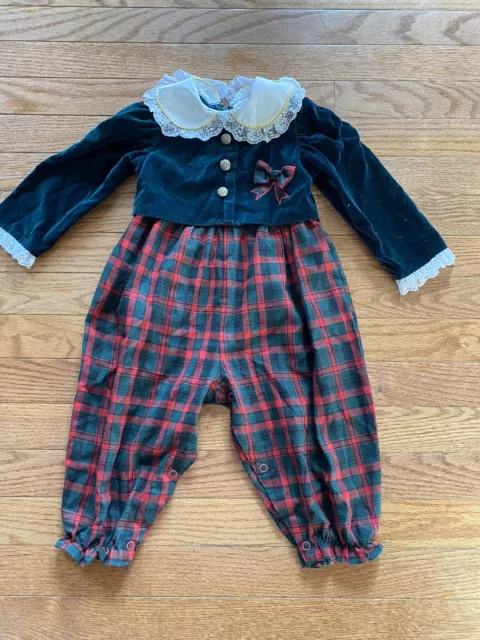 Vintage Baby Togs Fancy Girls Velvet Plaid Christmas Romper 16 Months Peter Pan