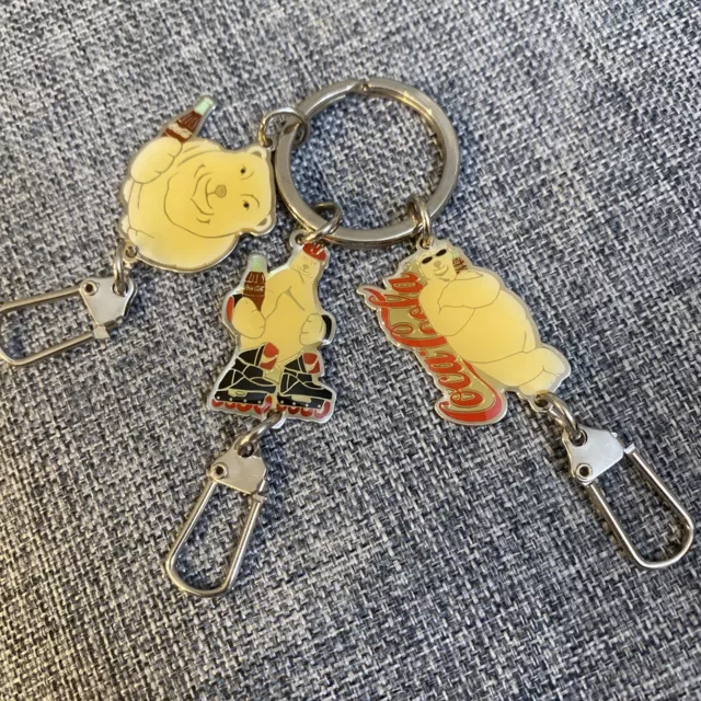 Vintage 1999 Coca-Cola Polar Bear Enamel Keychain 3 Charms