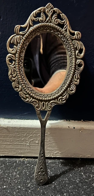 Vintage Antique Floral Carved Metal Gothic Style Hand Mirror 27cm By 11cm Approx