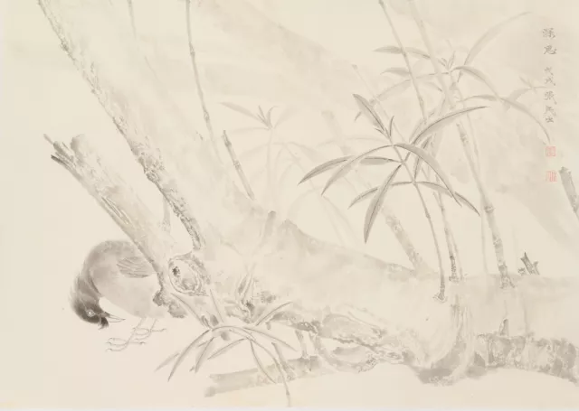 Vintage  Traditional Chinese  art ink meticulous  painting  “深思”张民生 中国工笔花鸟画