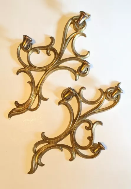 Vtg pair wood Syroco gold triple wall hanging candle holders 1960s 23 x 13