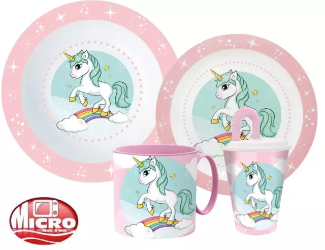 4er Set Einhorn Kinder-Geschirr Teller, Müslischale, Tasse und Becher