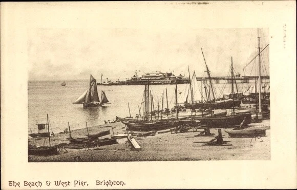 Ak Brighton East Sussex England, Beach, West Pier, Boote, Anleger - 3423586