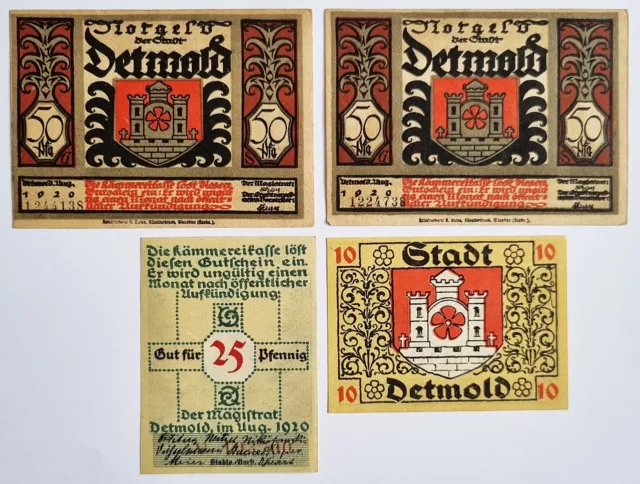 4 Alte Geldscheine, Notgeld aus: DETMOLD - 10, 25 & 2x 50 Pfennig - von 1920