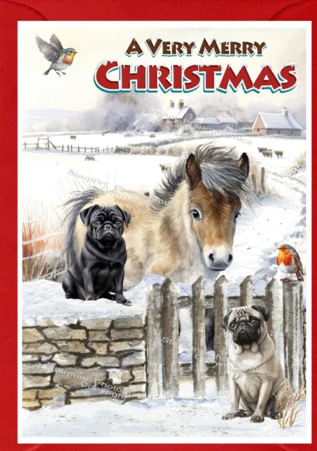 Pug Dog Christmas Card A6  (4" x 6") (Blank inside) Design by Starprint