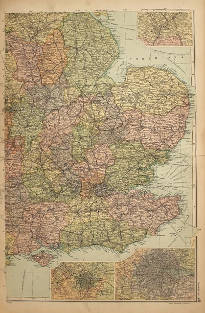 1908 Map South East England Sussex Portsmouth London Surrey Kent Cambridge