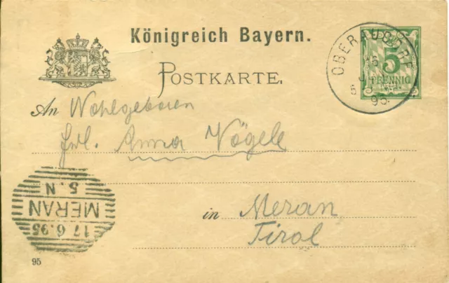 Deutschland Bayern 1895 Ganzsache Königreich von Oberaudorf nach Meran Italien