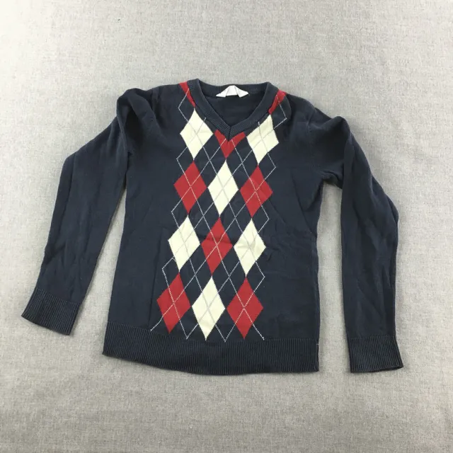 H&M Kids Boys Knit Sweater Size 7 - 8 Years Blue Diamond Argyle V-Neck Jumper