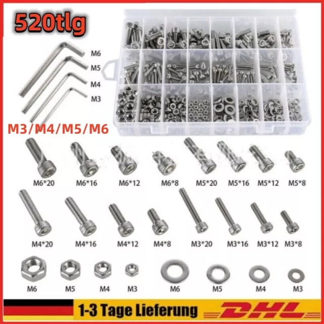 520X M3/M4/M5/M6 Edelstahl Innen Sechskant Schrauben Muttern Satz Sortiment Set