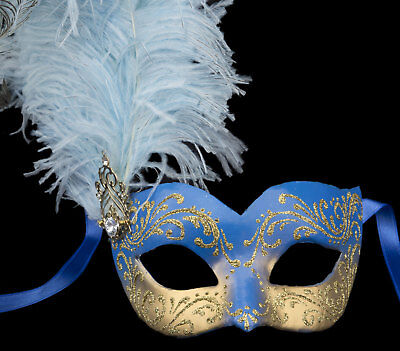 Mask from Venice Colombine Ondine Feathers Ostrich Blue Golden Paper Mache 22427 2