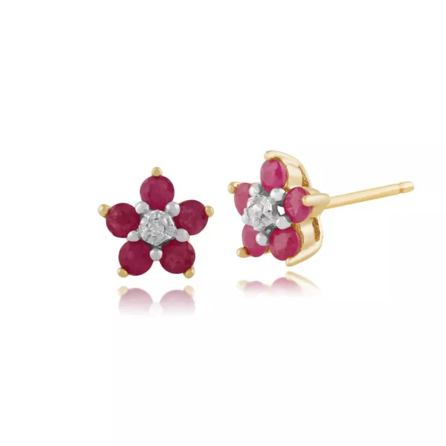 9ct Yellow Gold 0.58ct Natural Ruby & Diamond Flower Stud Earrings